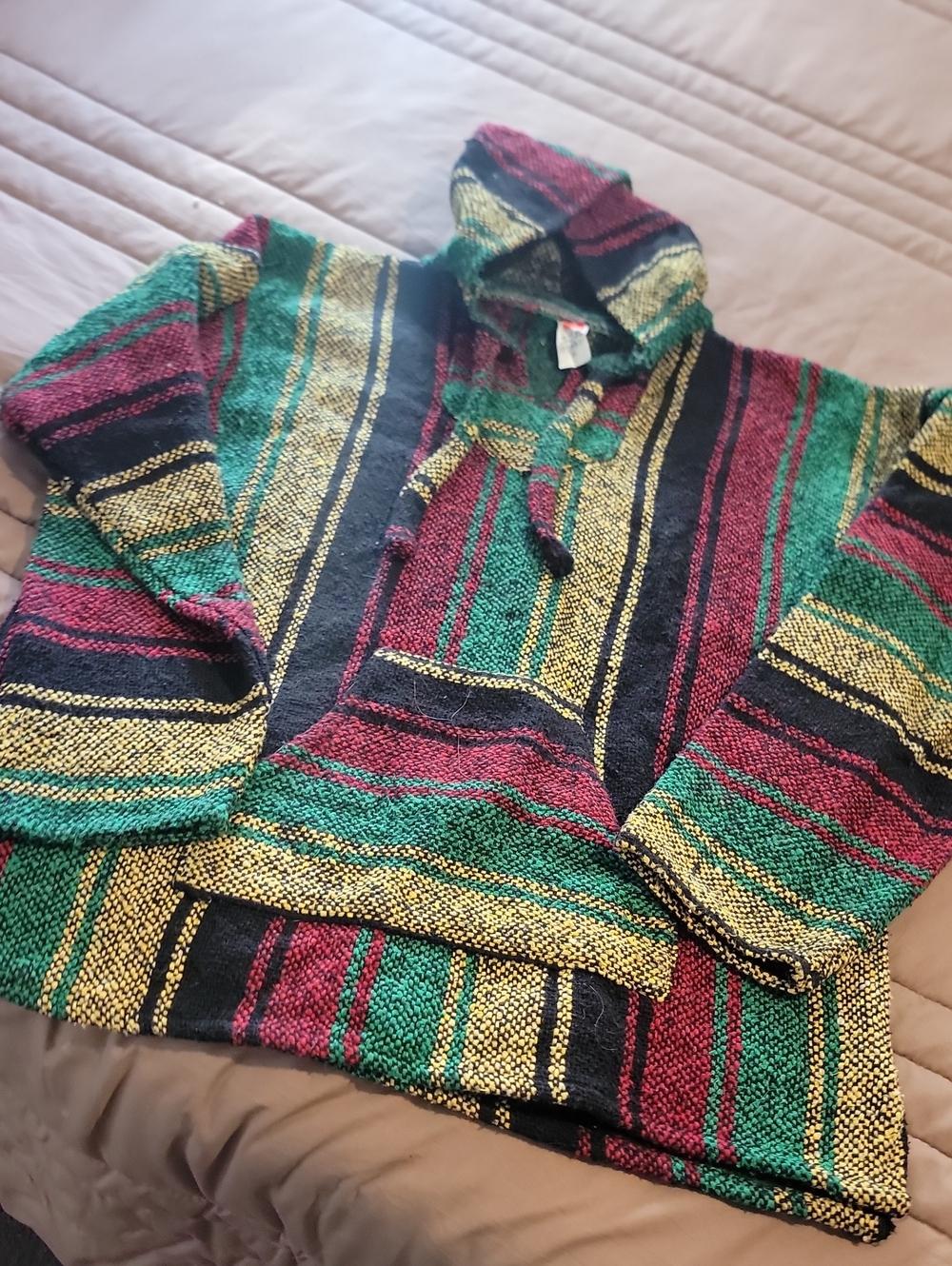 Striped Hooded Baja Sweater Hoodie in Green, Black, Red, Yellow